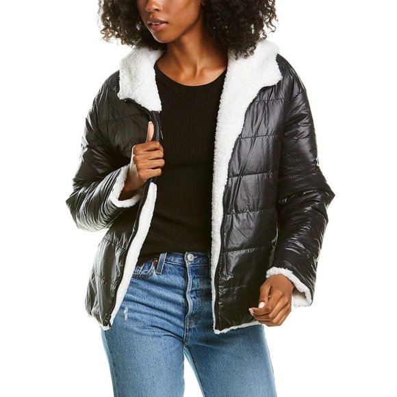 ADRIENNE LANDEAU Reversible Puffer Sherpa Jacket Black / White - NWT - M - Picture 2 of 6